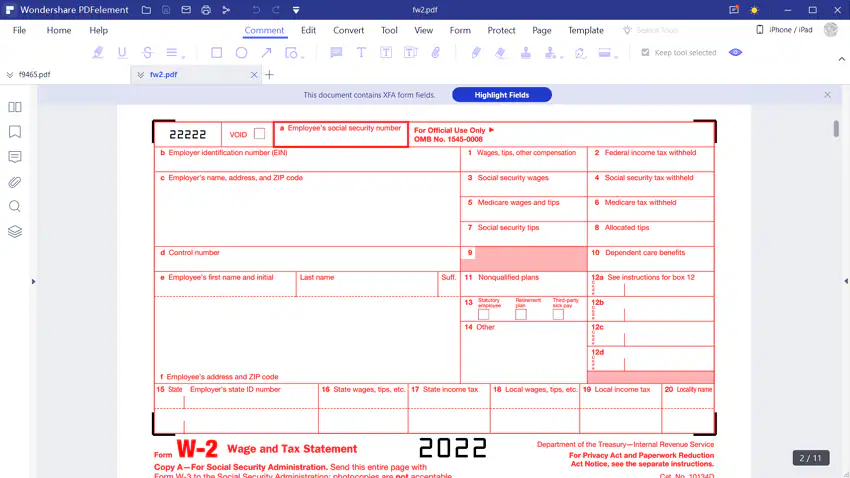 instructions pour le formulaire W-2 de l'irs