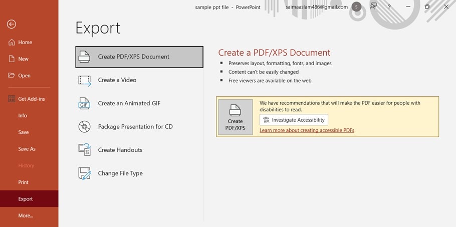 create pdf with powerpoint export option