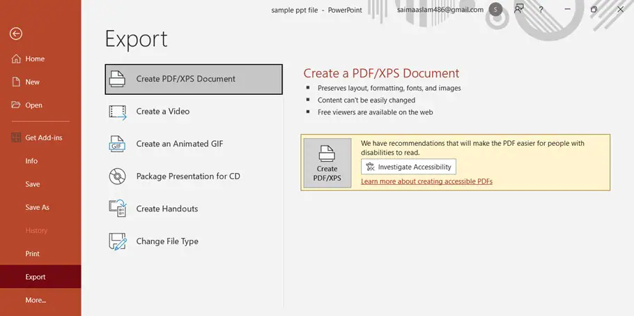 create pdf with powerpoint export option