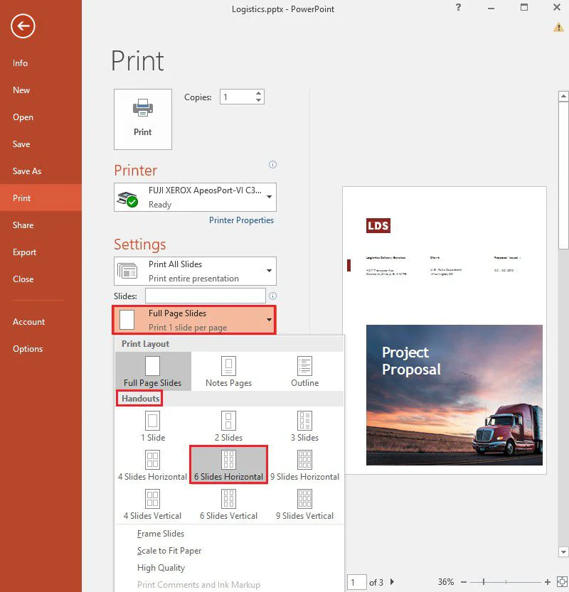 microsoft powerpoint 2016 print slides per page