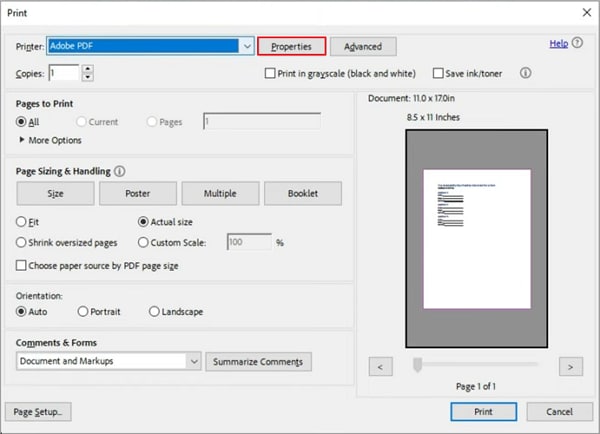 adobe print properties