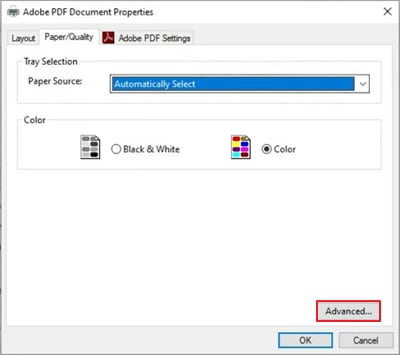 paper size advanced settings adobe