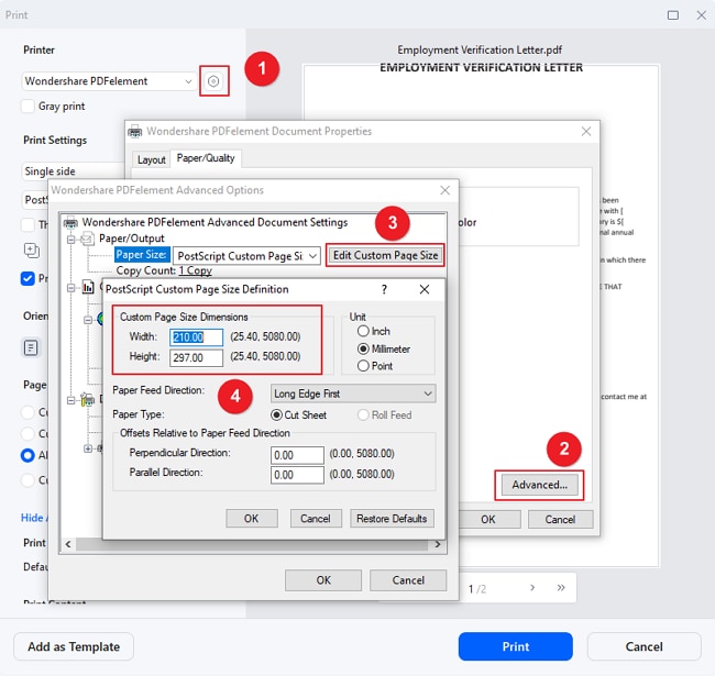 change paper size in pdf for printing