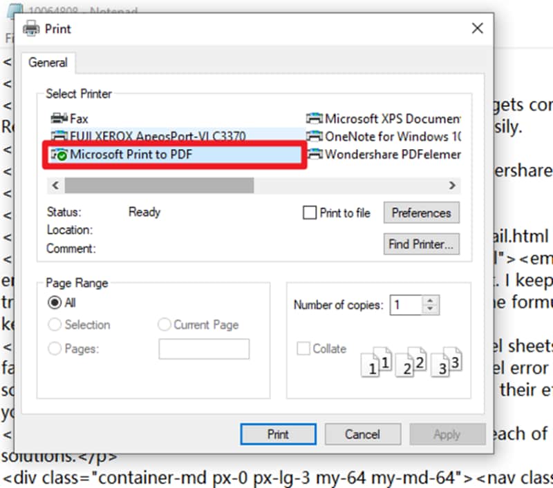 select microsoft print to pdf option