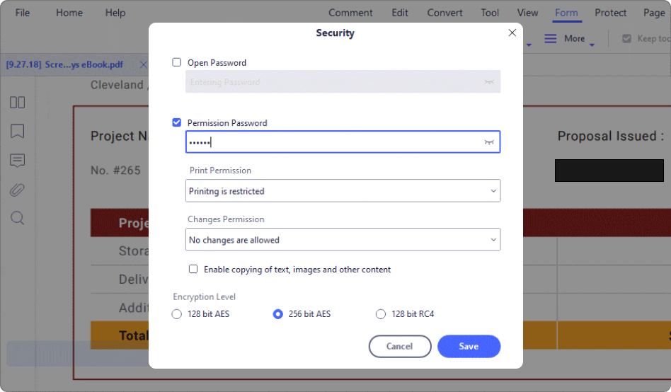 set permissions password to protect pdf from copying