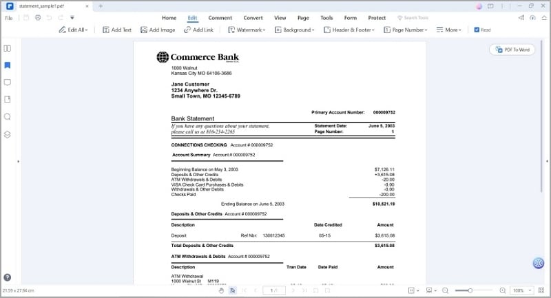 sample bank statement opened with pdfelement