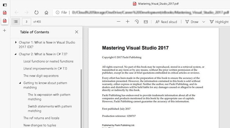 tabla de contenidos del lector de PDF de Edge