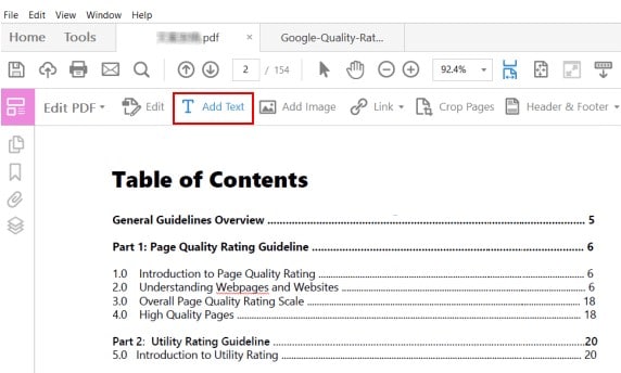 tabla de contenido de Adobe Acrobat