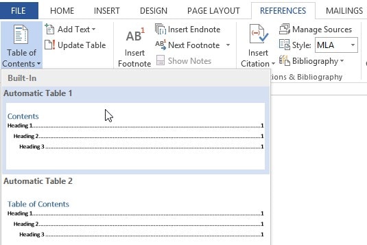 microsoft word table of content