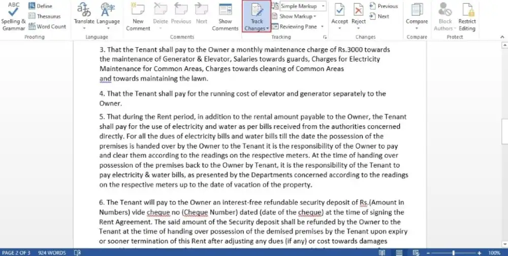 attivare le modifiche alla traccia in ms word