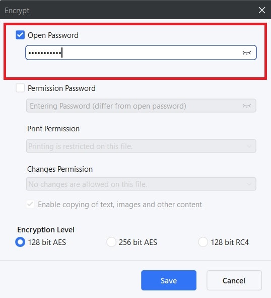 adding an open password to pdf