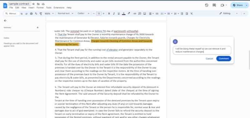redlining a contract using google docs