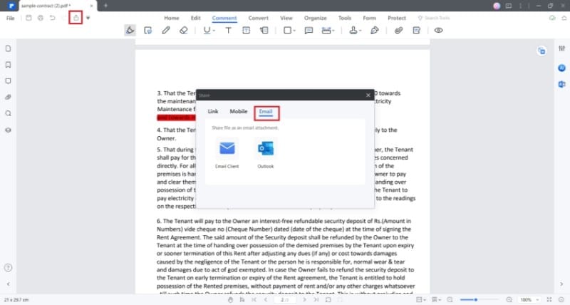 sending redlined document using share feature