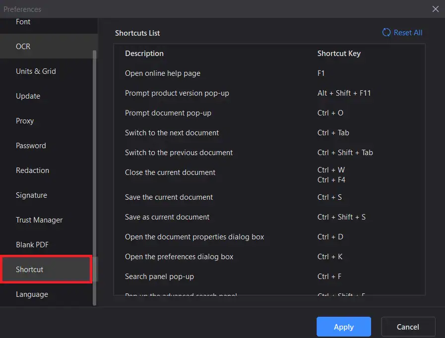 pdfelement shortcuts list