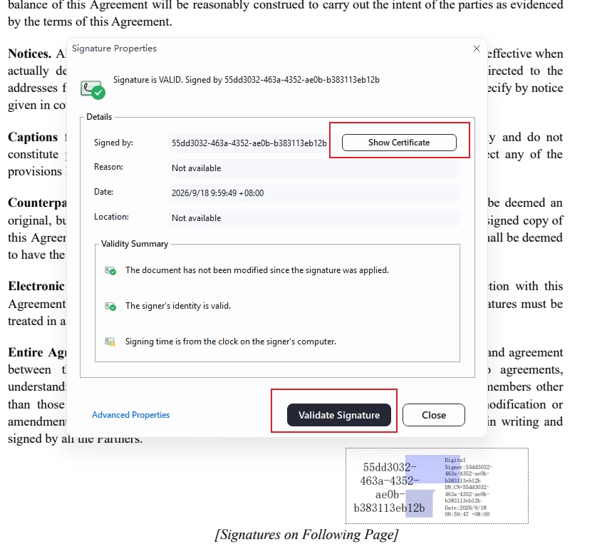 validate signature view certificate
