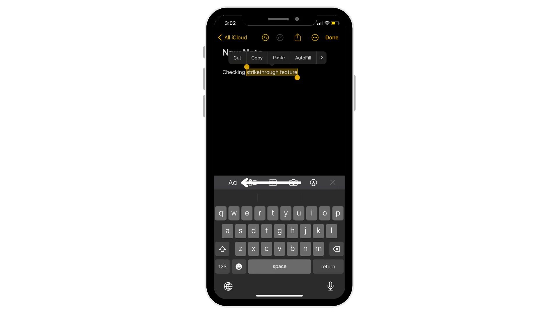 access formatting menu on notes to strikethrough text on iphone
