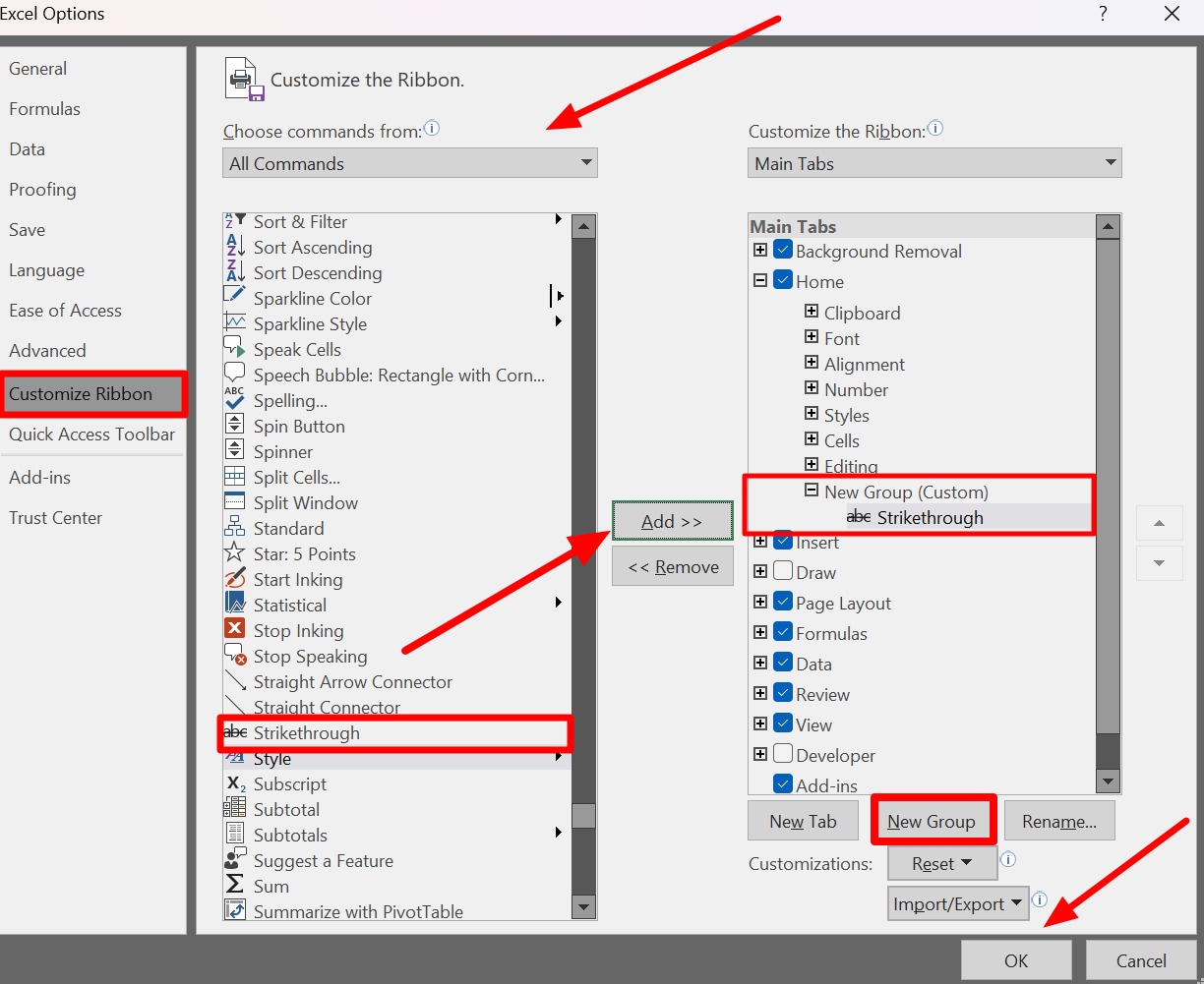 add strikethrough command to ribbon