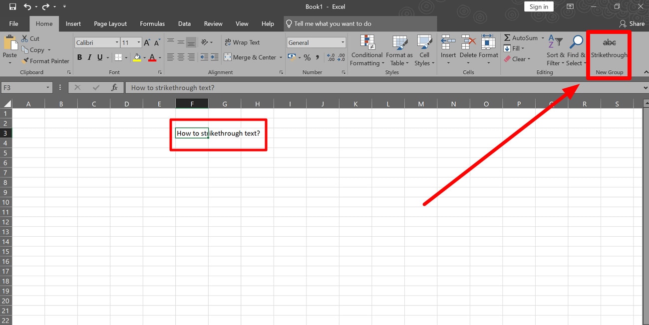 strikethrough text using the ribbon button