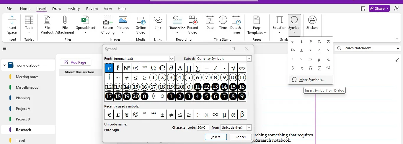 insert symbols in onenote