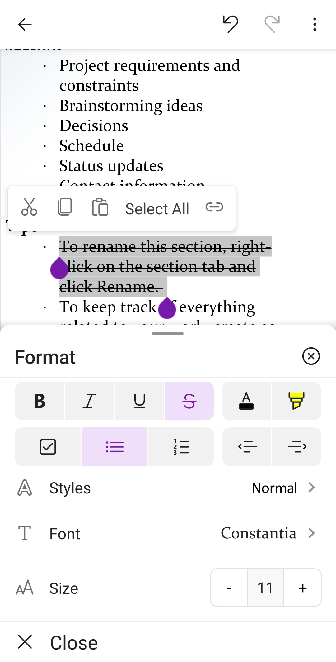strikethrough text format in onenote android
