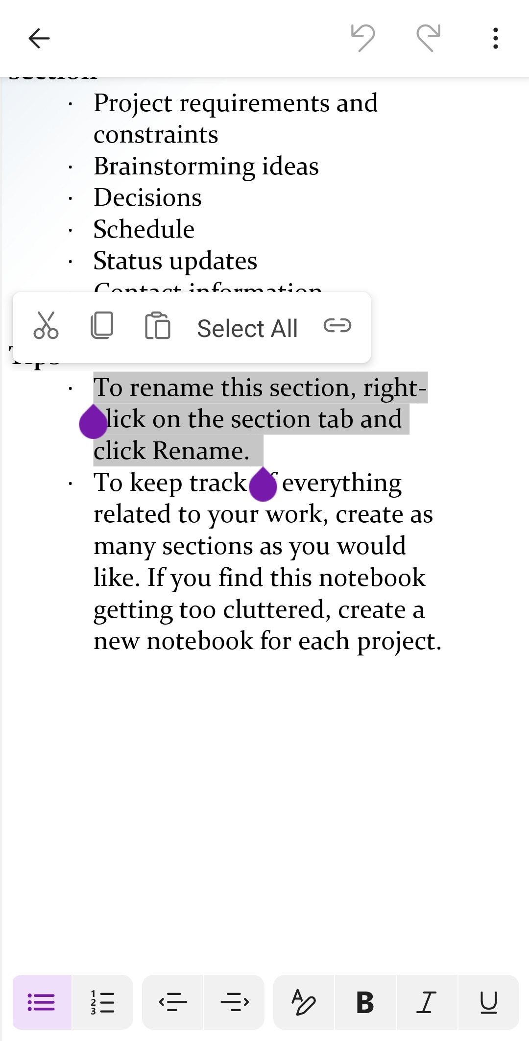 select text in onenote for android