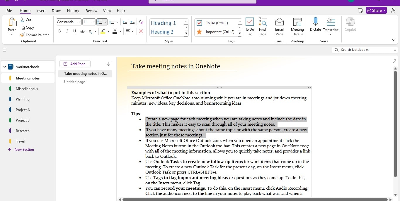 onenote selected text