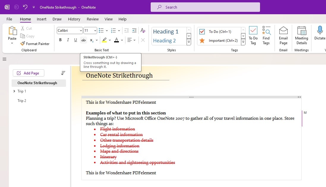 onenote strikethrough text on page