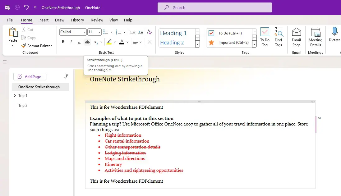 onenote strikethrough text on page