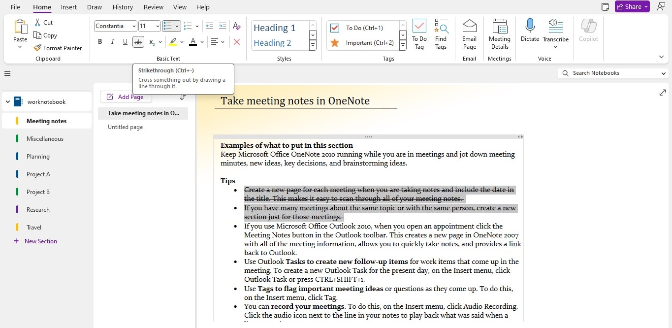 apply strikethrough in onenote page