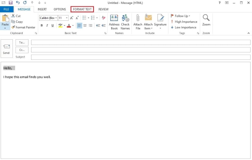format text option in outlook 365