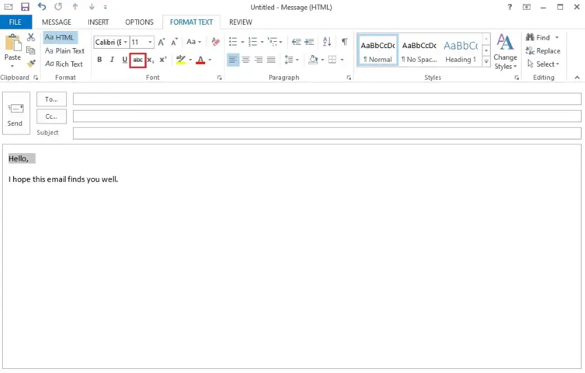 strikethrough option in outlook 365