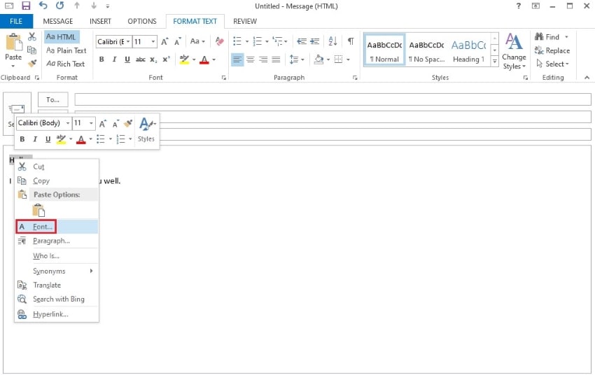 opening font options in outlook 365