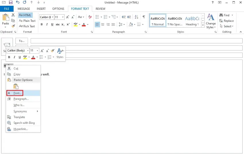 Öffnen der Schriftart-Optionen in outlook 365