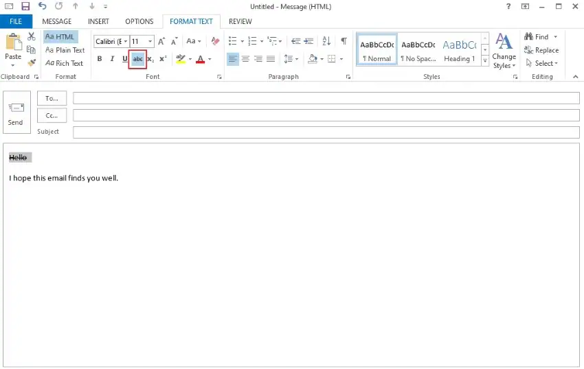 Durchstreichen von Text in Outlook entfernen