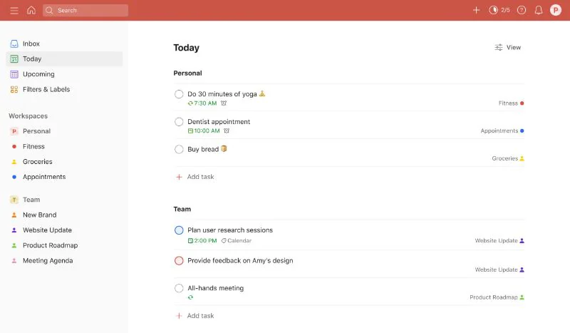 Interfaccia di Todoist