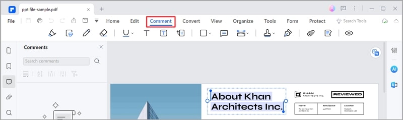 PDFelement comment tab