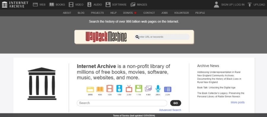 Webseite des Internetarchivs für kostenlose Bücher