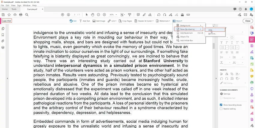 how to add Bates number to PDF adobe