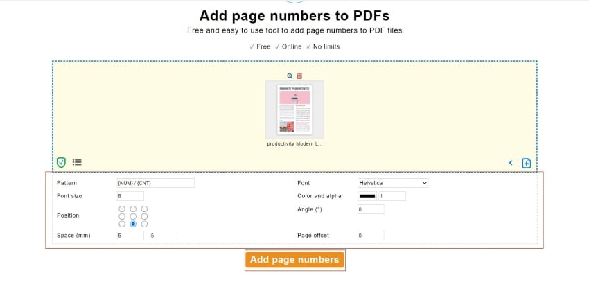 pdf agregar números de página en línea