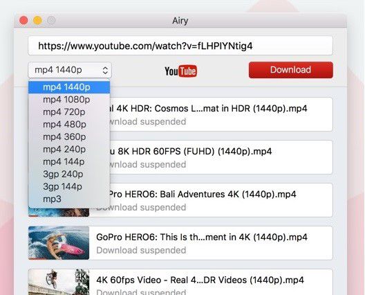 mac os 10.15上的airy youtube下載器