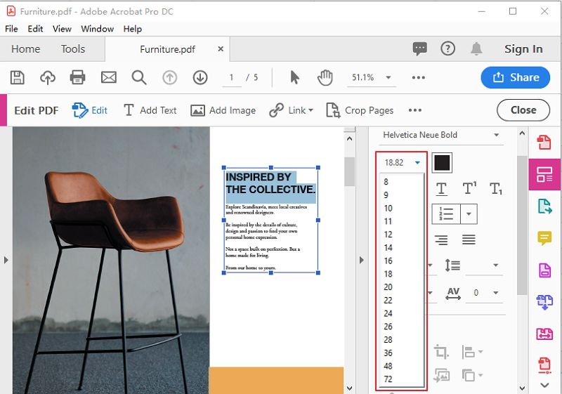 how to change font size in adobe acrobat