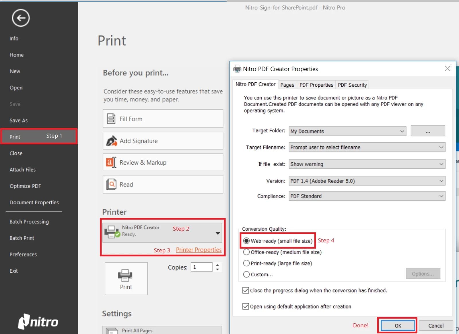  A screenshot of a Nitro PDF printing dialog box with options to optimize the PDF quality and size.