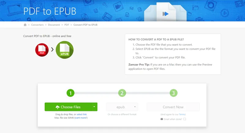 Конвертируйте PDF в ePub с помощью Zamzar