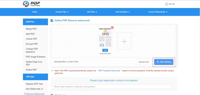 線上移除 PDF 檔案浮水印工具