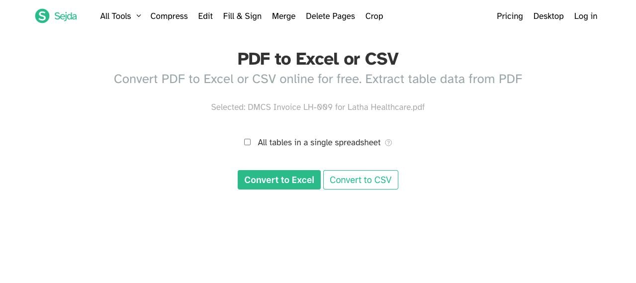 Sejda PDF 到 Excel 或 CSV