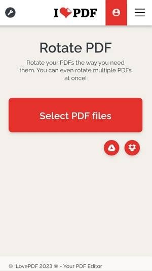 ilovepdf Oberfläche zum Auswählen von PDF-Dateien