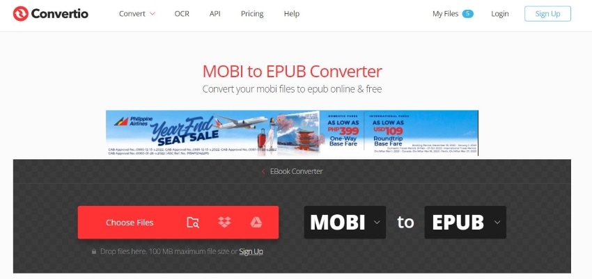 interface do convertio mobi para pdf