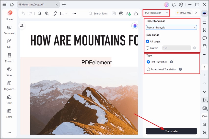 choose pdf translation language