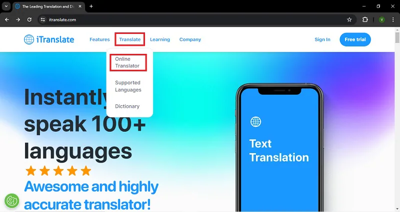 itranslate online translator feature