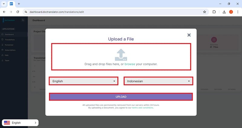 upload document from local device to translate to indonesian using doctranslator